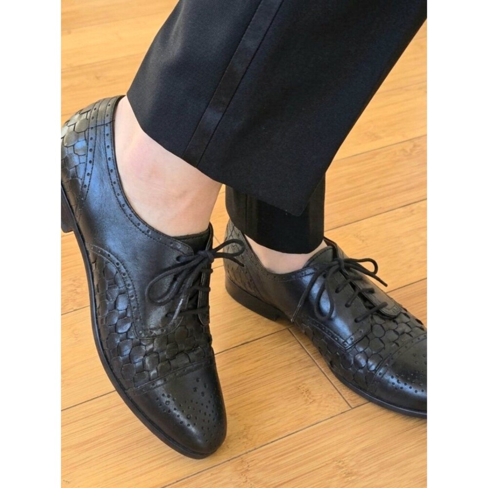 Black Oxford Leather Flats Woven Basketweave Brogue Wingtips Made in Brazil 7